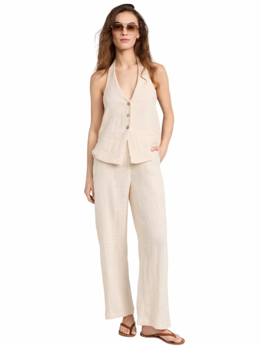 Free People Cream Linen-Blend Vest & Wide Leg Pants 2-Piece Set Size S